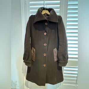 Mackage Dark Brown Wool Coat with Leather Accents